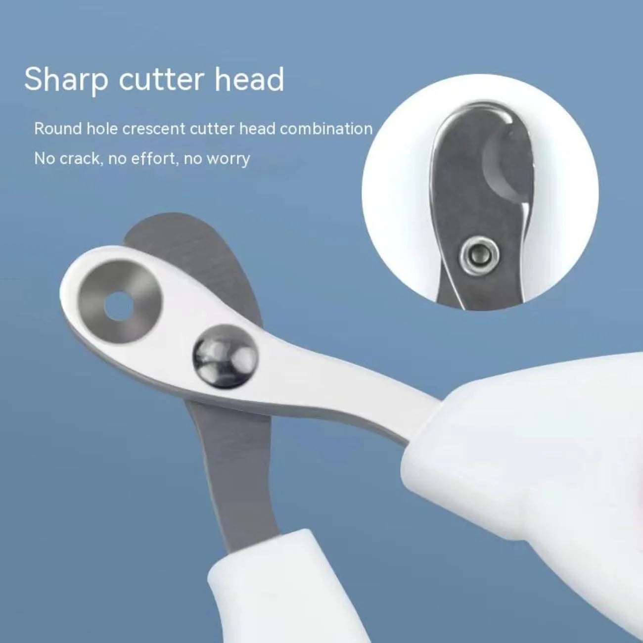 Blue professional pet nail clippers with circular safety hole and non-slip handle.
