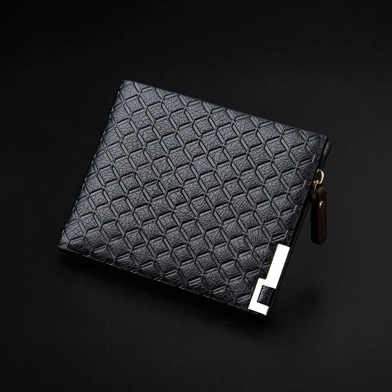 Men's embossed PU leather short business wallet with plaid pattern, 12x9.5x1.5cm, horizontal black colour