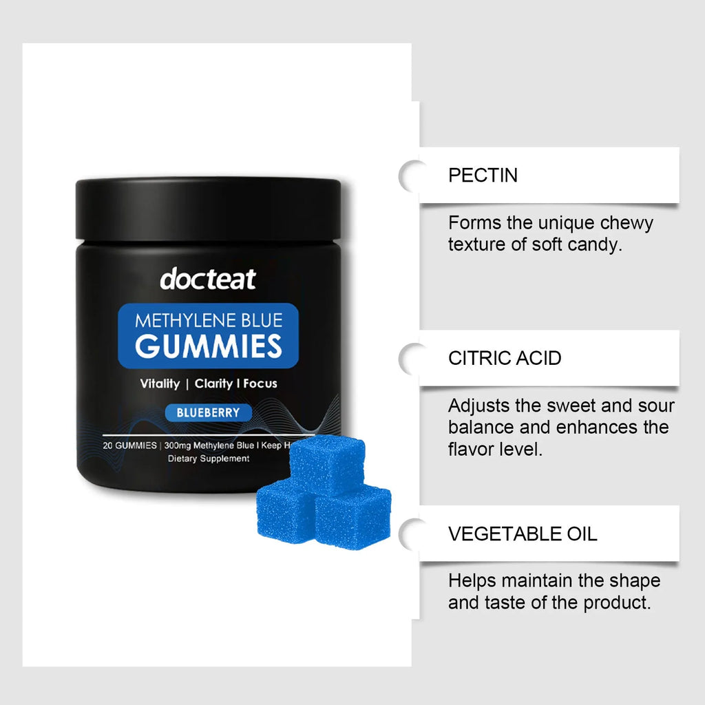 Pack of 20 body care soft candy gummies with Methylene Blue Trihydrate and Bitter Cassava Syrup, pectin-based fruit flavour.