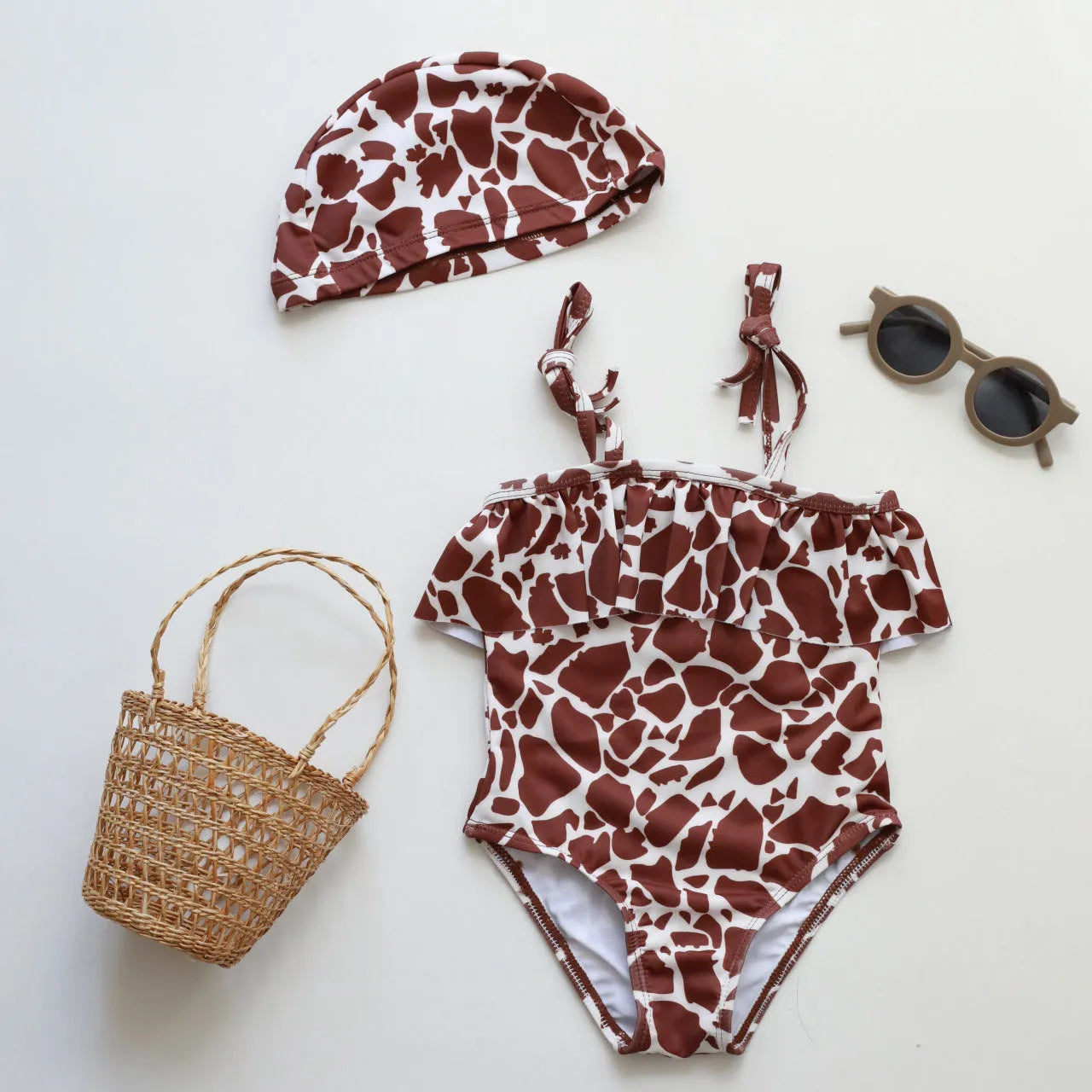 Children's high elastic polyester one-piece swimsuit in brown stripe option for girls aged 1-8