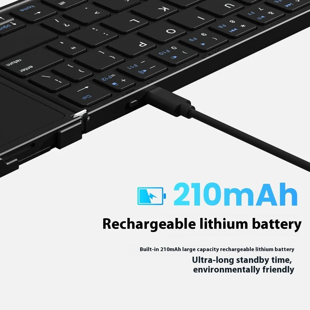 Black folding Bluetooth keyboard for mobile phones and tablets showing compact folded size