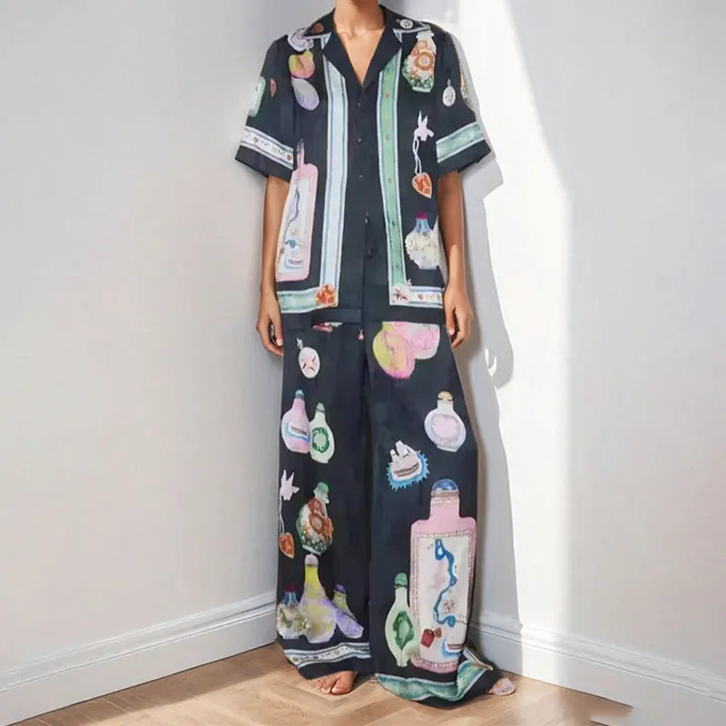 Women's black polyester sleeve cardigan set with cartoon pattern, sizes S-3XL