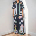 Women's black polyester sleeve cardigan set with cartoon pattern, sizes S-3XL