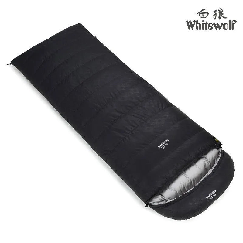 Black outdoor sleeping bag with goose down filling and nylon exterior