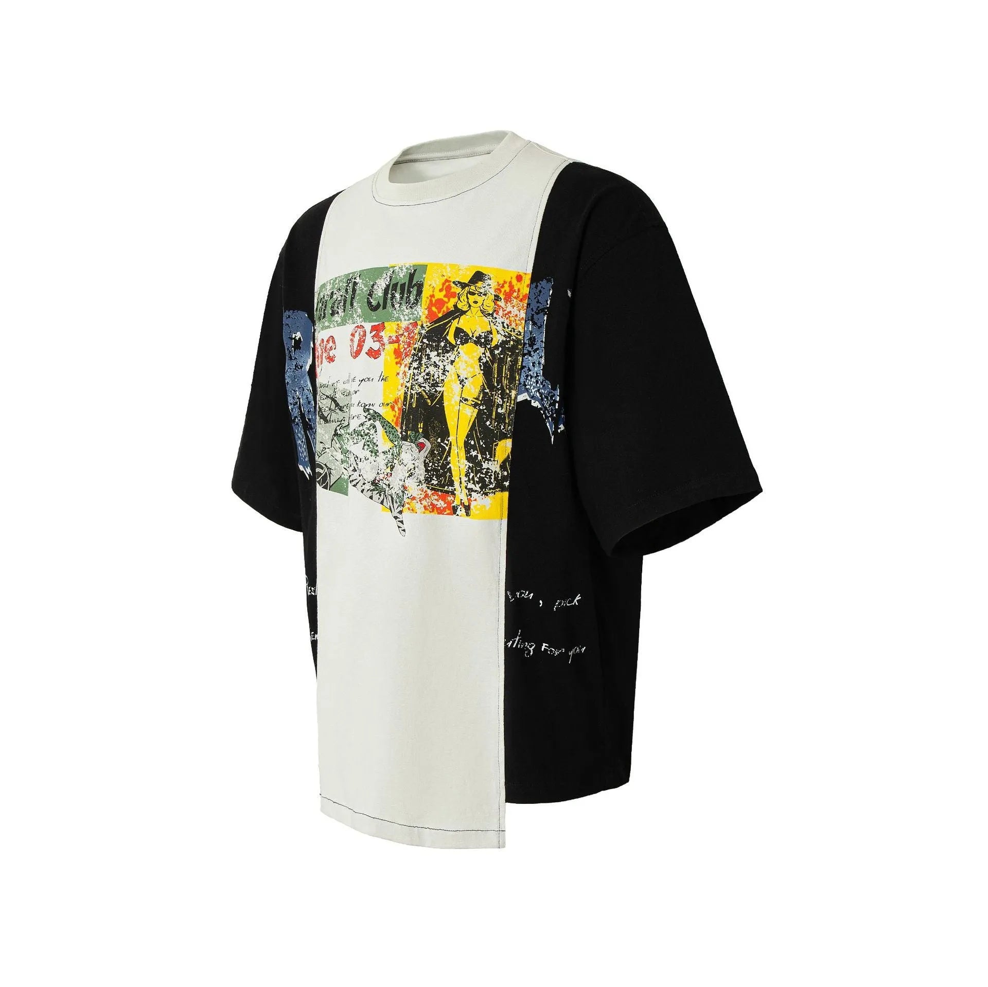 Deconstruction printed collar loose fit T-shirt in black and white stitching.
