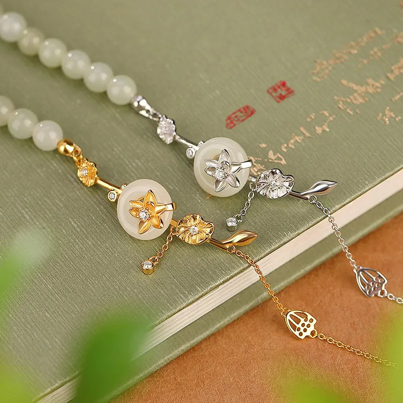 Hetian Jade Lotus Peace Buckle Bracelet 925 Silver gold plated retro women's jewellery