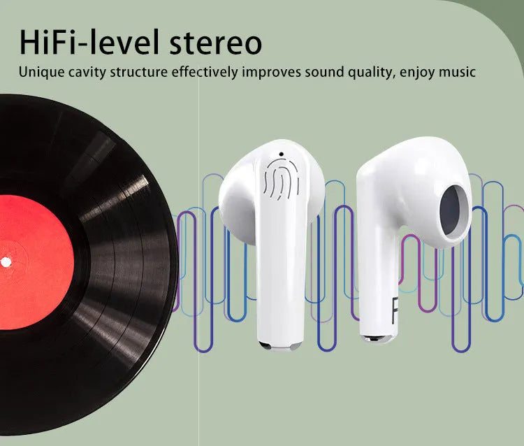 White semi in-ear wireless Bluetooth earphones with charging case showing noise reduction and call functionality