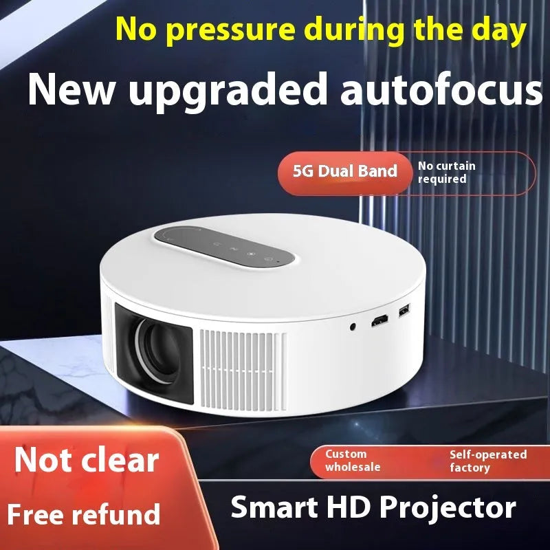 White HD 720p home theatre projector with remote control on a stand.