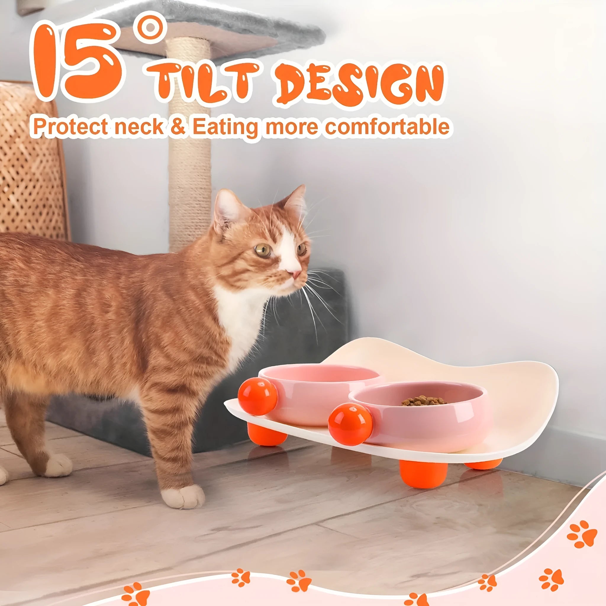 Ceramic raised double pet bowl set in pink yellow colour with non-slip base.