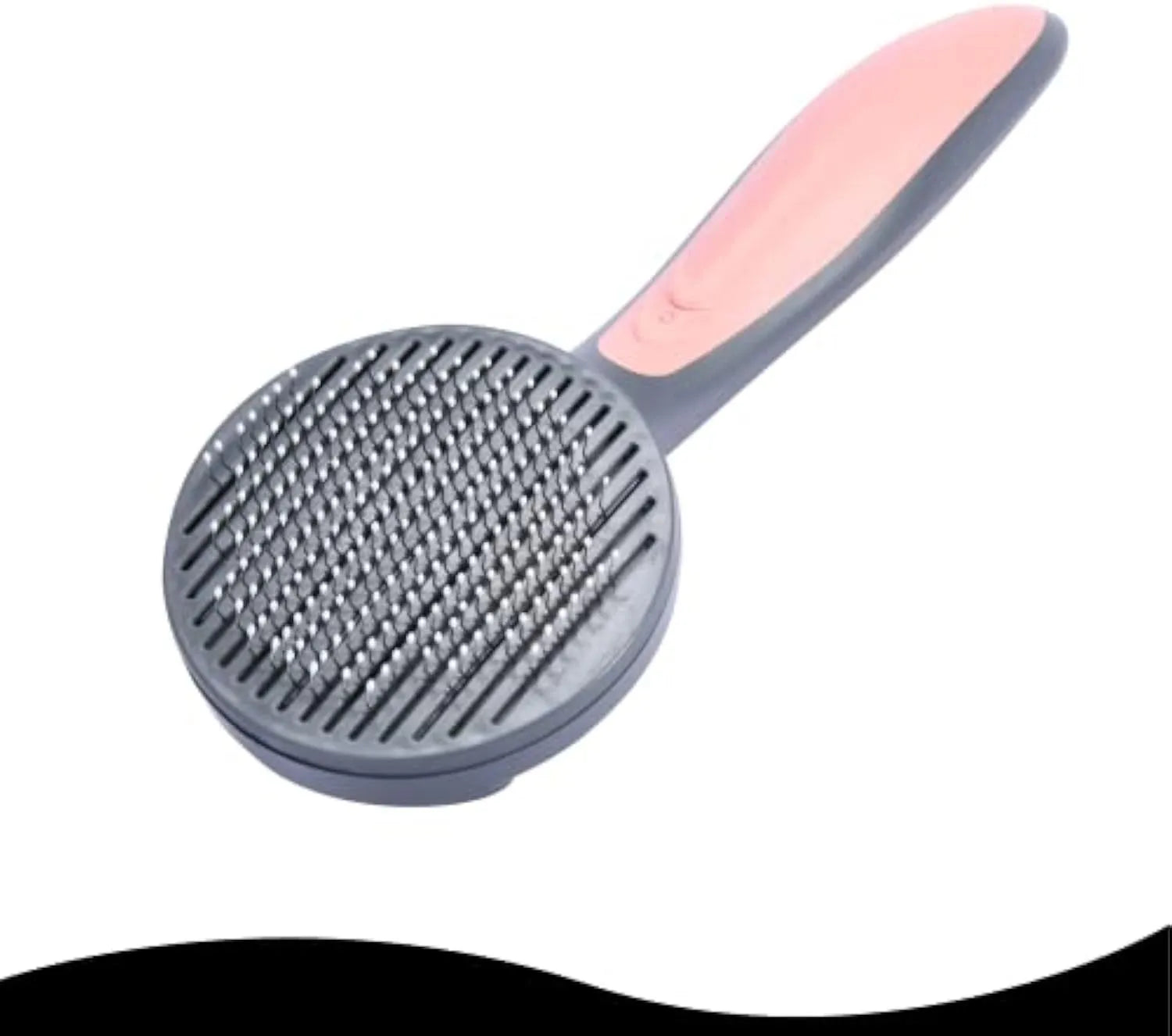 Grey self-cleaning slicker brush for grooming cats and dogs, showing comfort-grip handle and bristles.