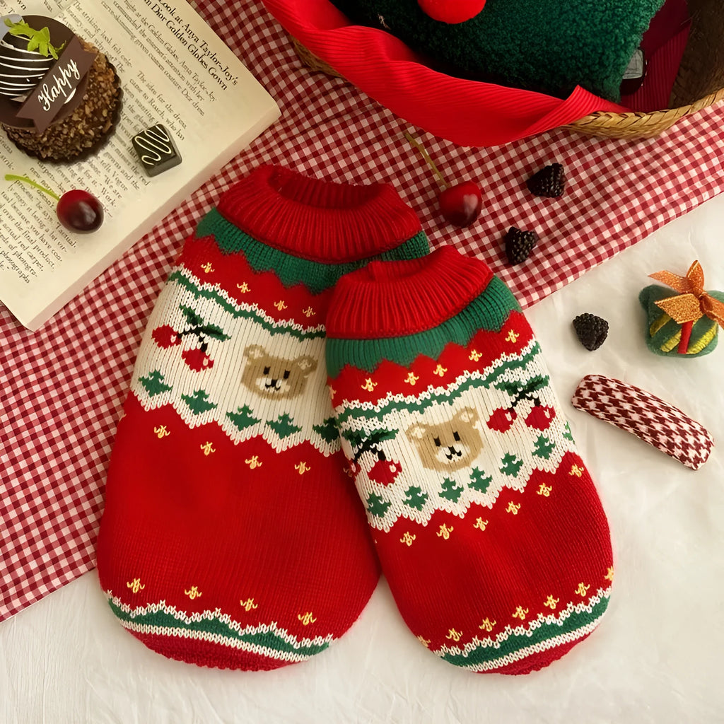 Christmas red cherry polyester pet sweater for small dogs and cats