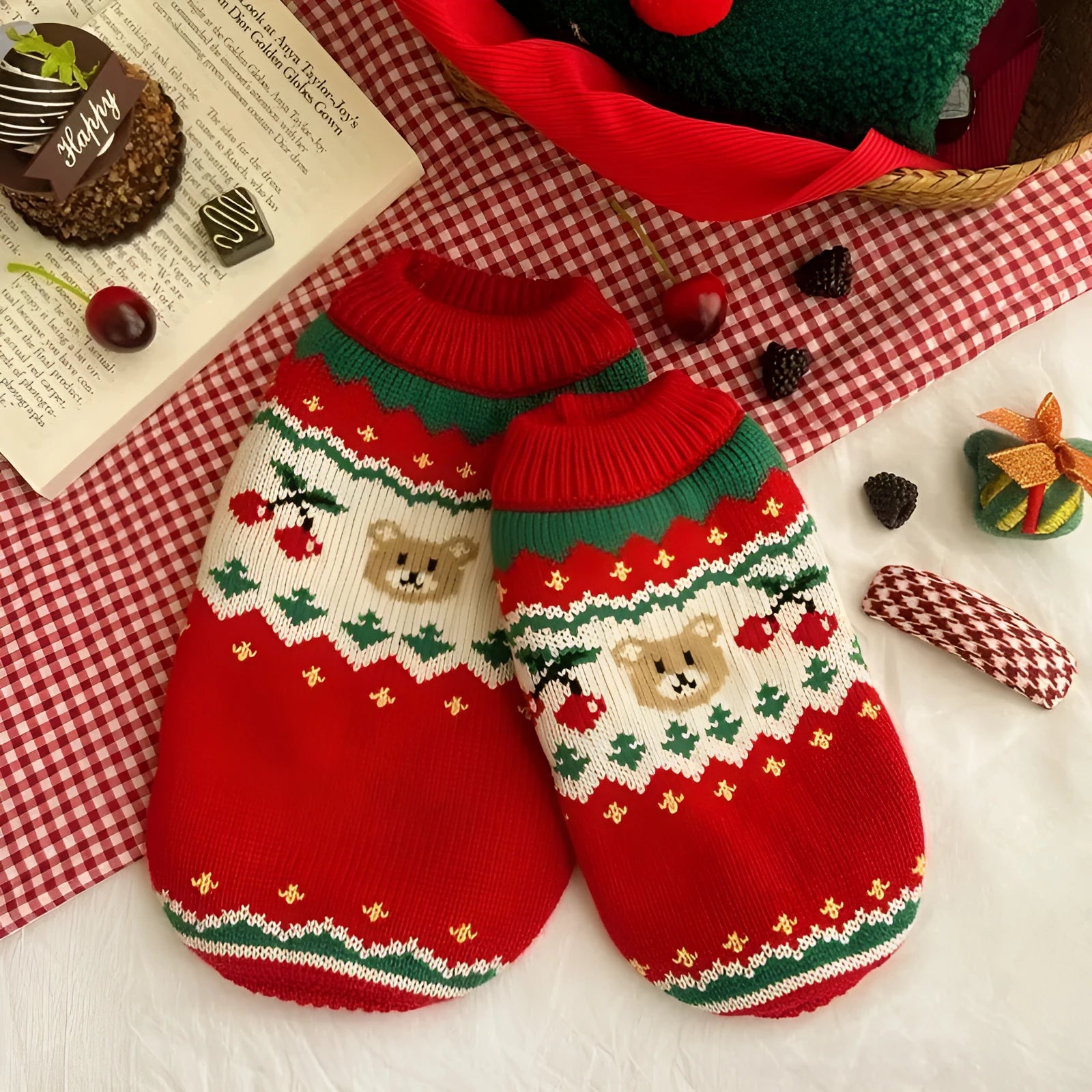 Christmas red cherry polyester pet sweater for small dogs and cats