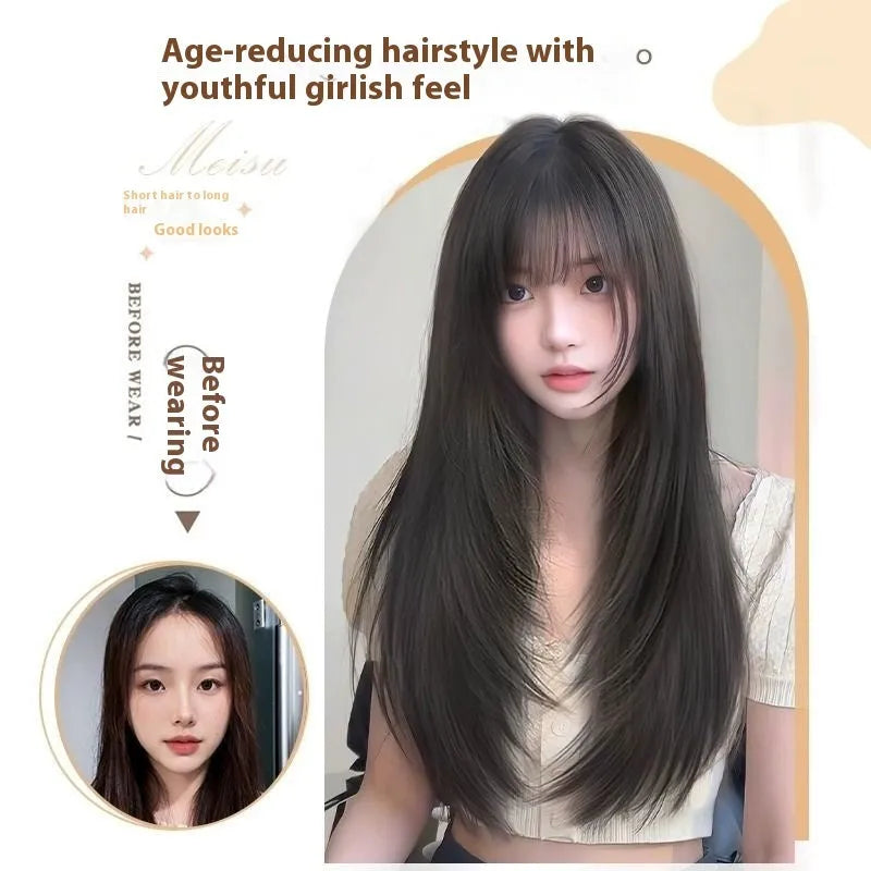 Women's full-head wig black long straight high layered with wear-free hair net