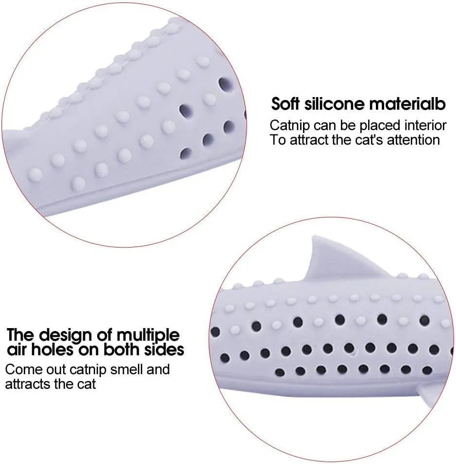 Green silicone fish-shaped chew toy for cats with breathable side holes