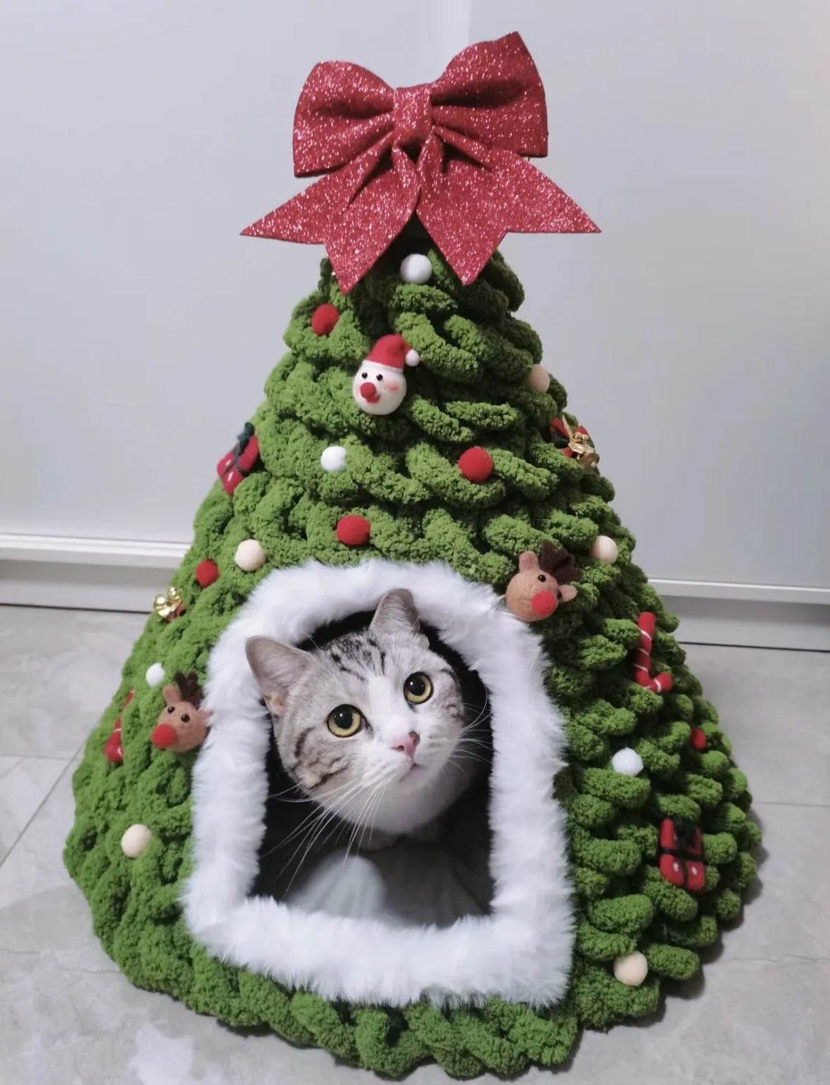 Christmas handmade felt tent style enclosed cat nest in grey, 50cm diameter, for cats under 12 pounds