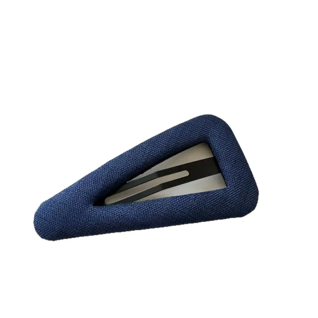 Retro dot side barrettes for women in triangle and water drop styles with dark denim and polka dot motifs.