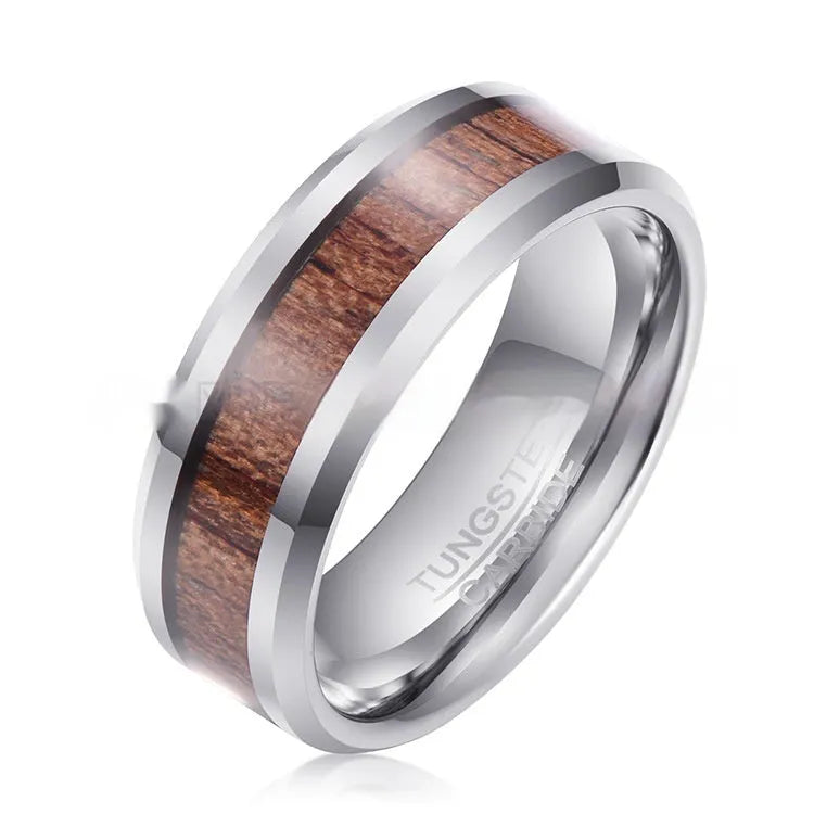 Ugyen tungsten men's ring with wood and leather design in 8mm rose gold or steel finish