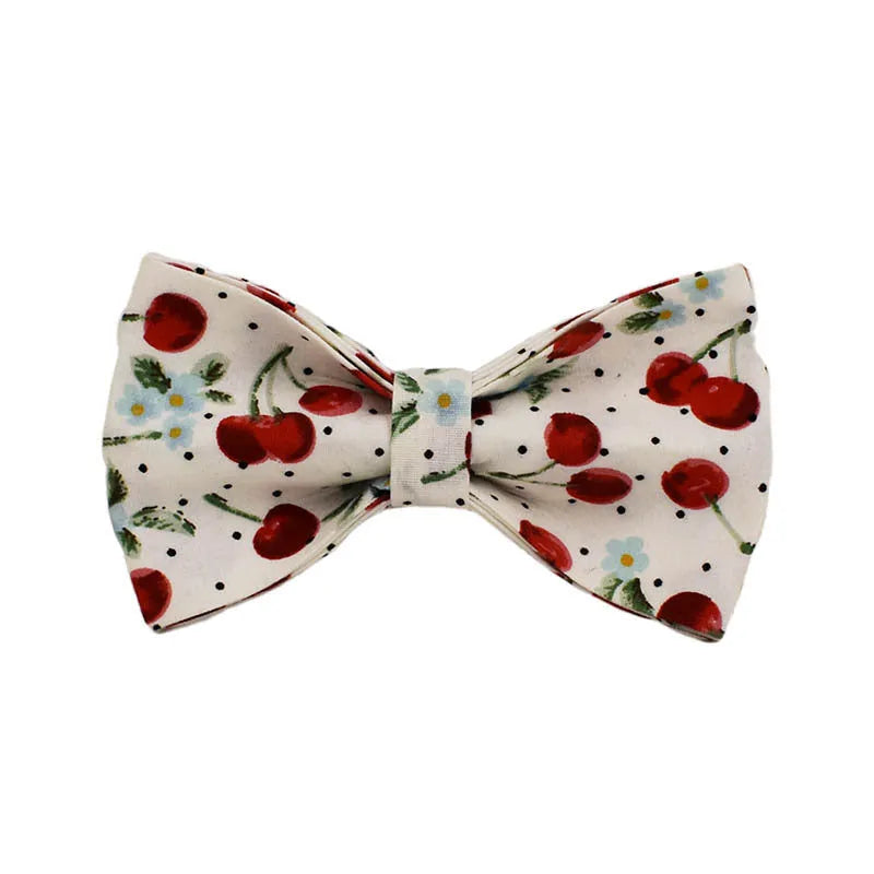 Red cherry printed dog collar and leash five-piece set with light gold buckle and bow strap