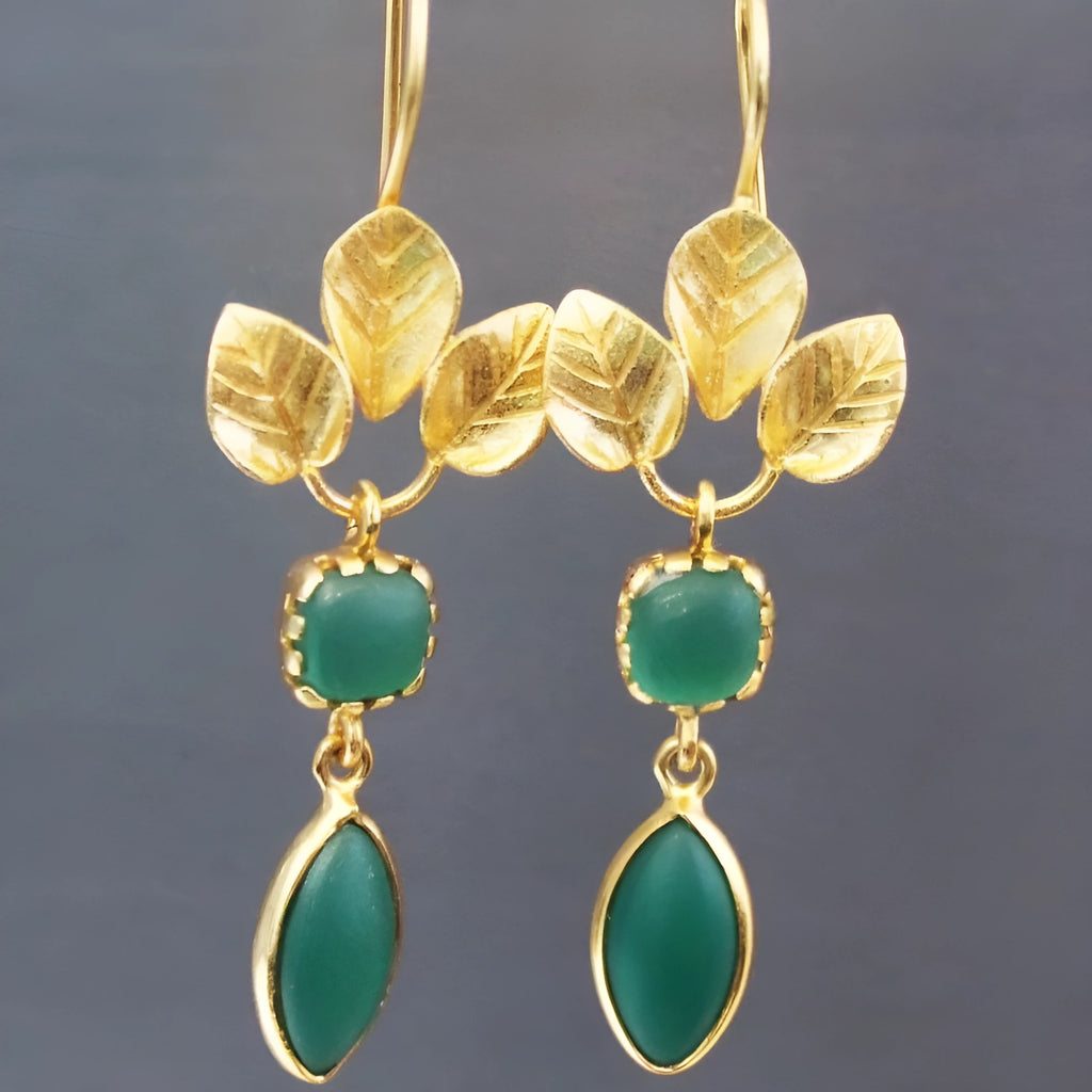 Gold drop earrings with French leaves tassel design and water drop zircon accents in retro style