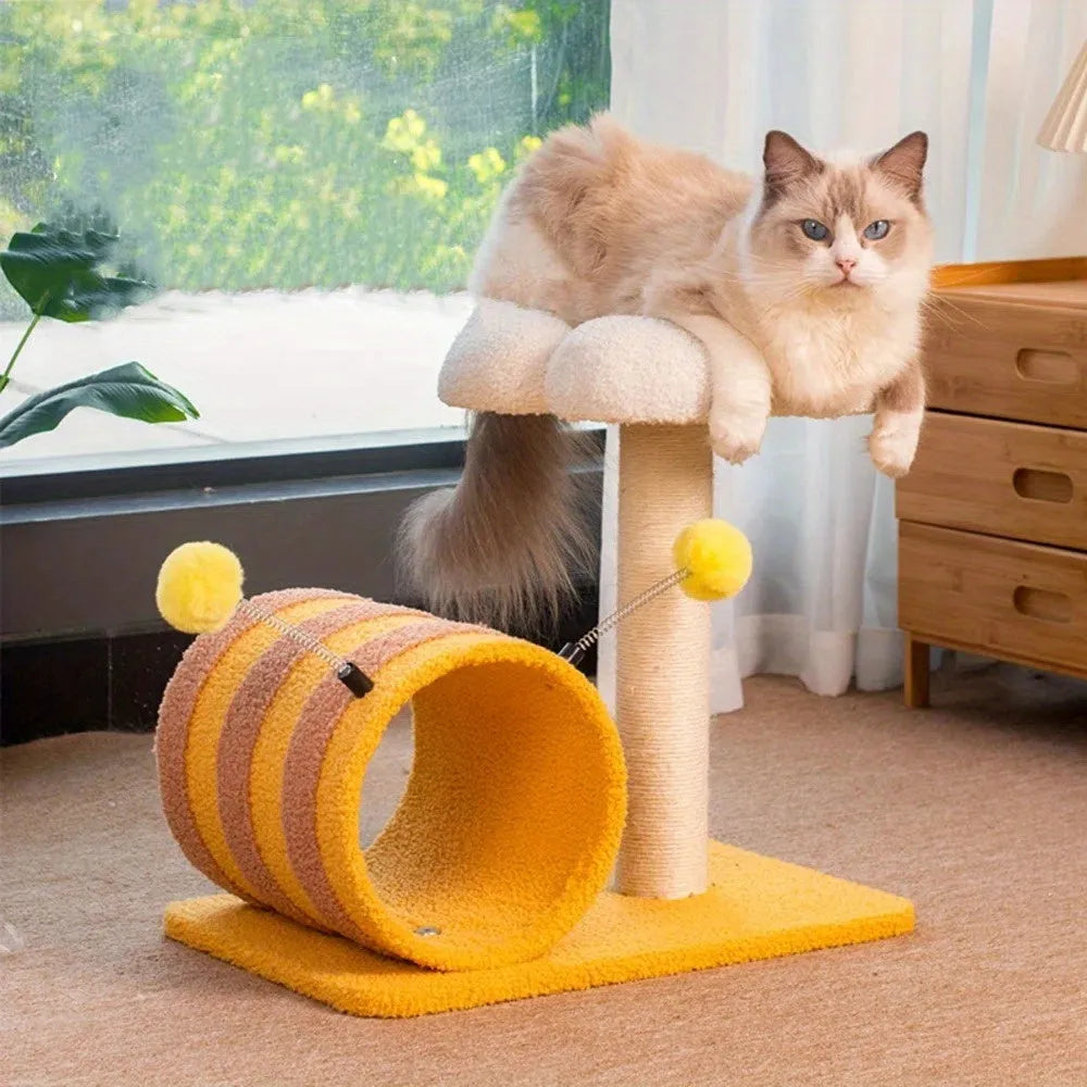 Yellow bee-themed cat climbing frame with sisal scratching post, tunnel, and platforms.