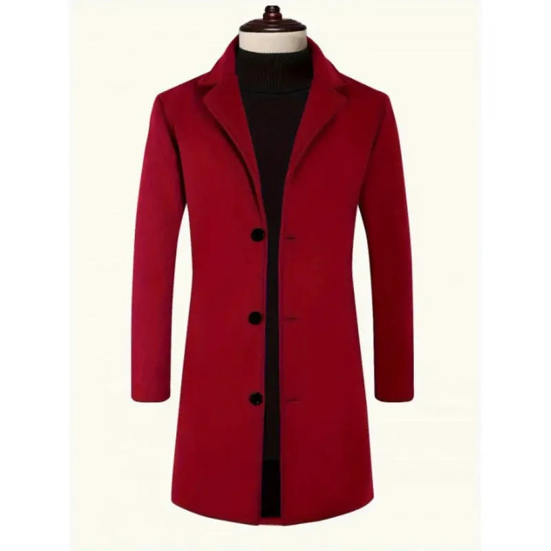 Men's solid colour slim fit trench coat, mercerised polyester, mid-length, side seam pockets, available in black.