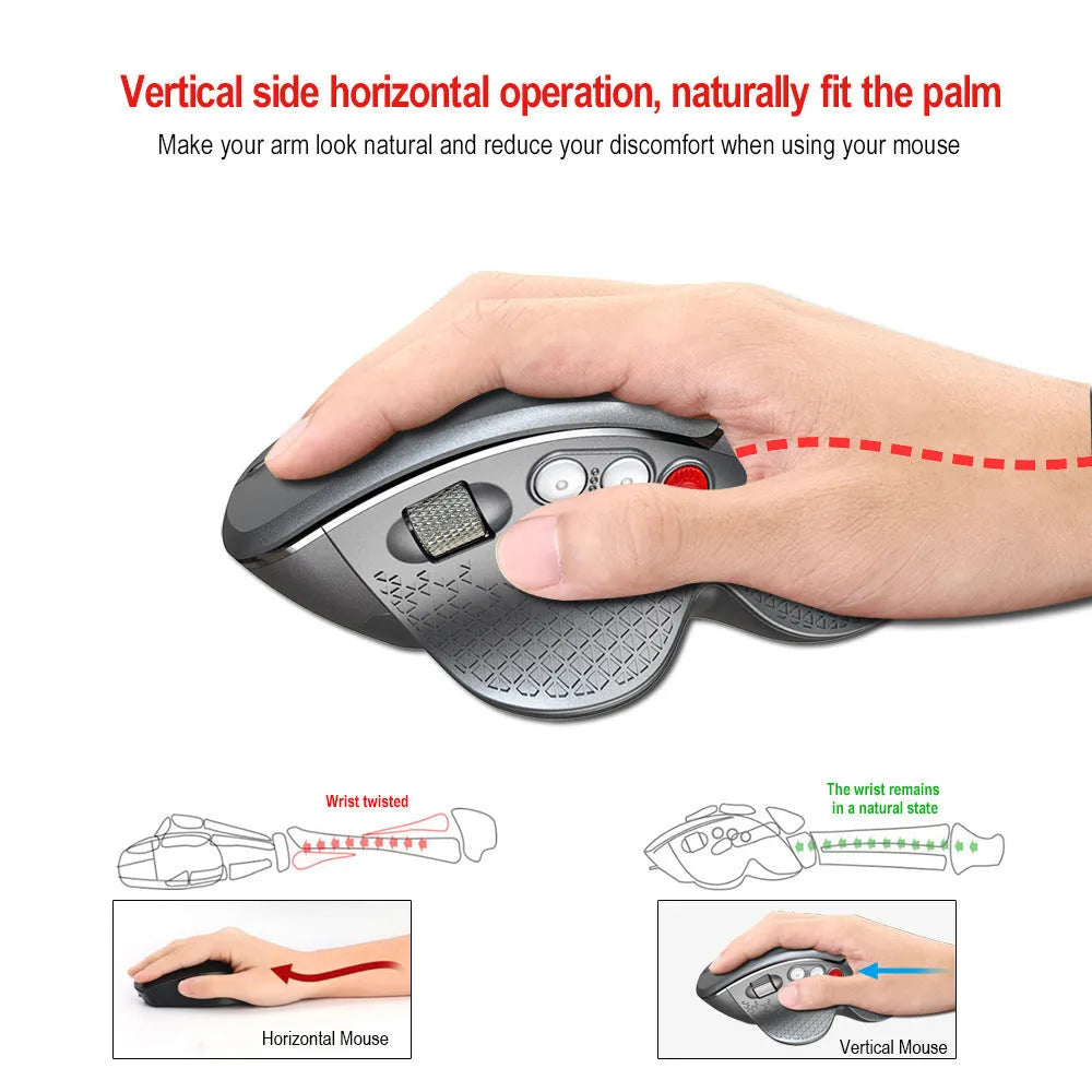 T32 black and silver wireless vertical ergonomic mouse with aluminium side roller on a desk.