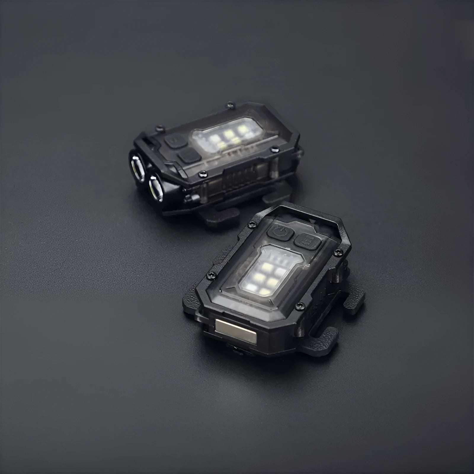 Portable tactical mini warning flashlight with USB charging cable and backpack mount for outdoor use