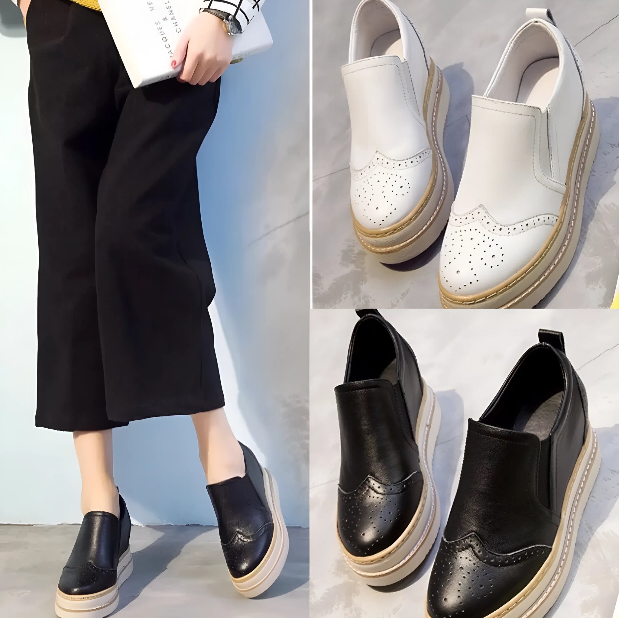 Women's genuine leather brogue platform shoes with metal detail and round toe in black