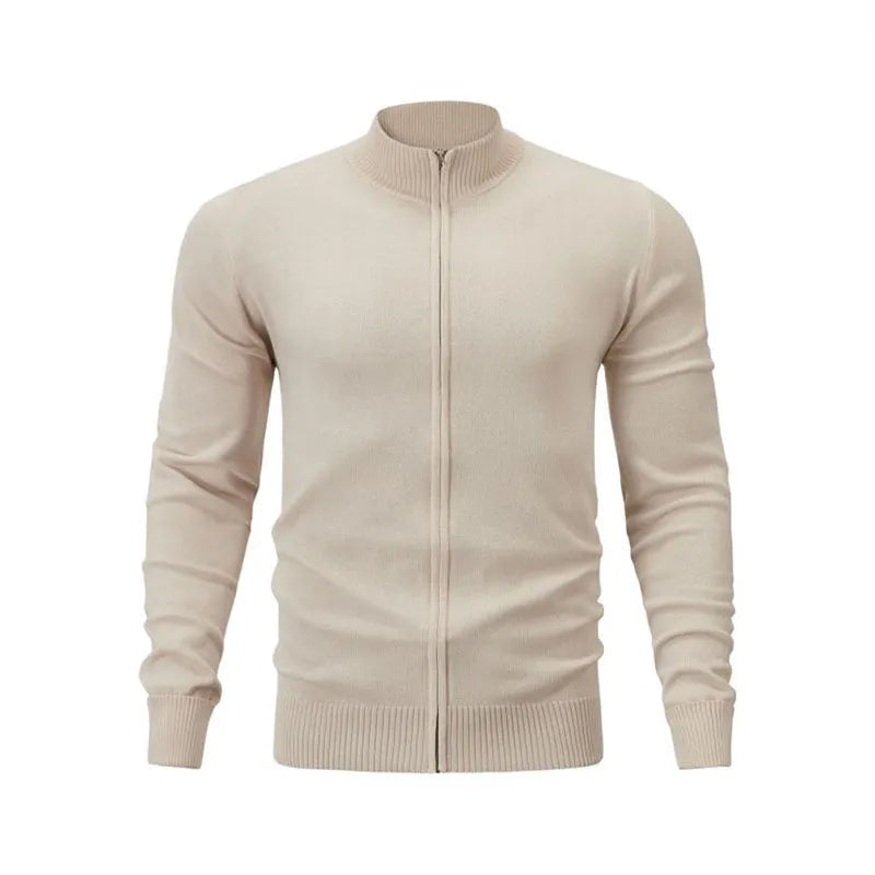 Casual zip-front sports sweater with a stand collar in a solid colour.