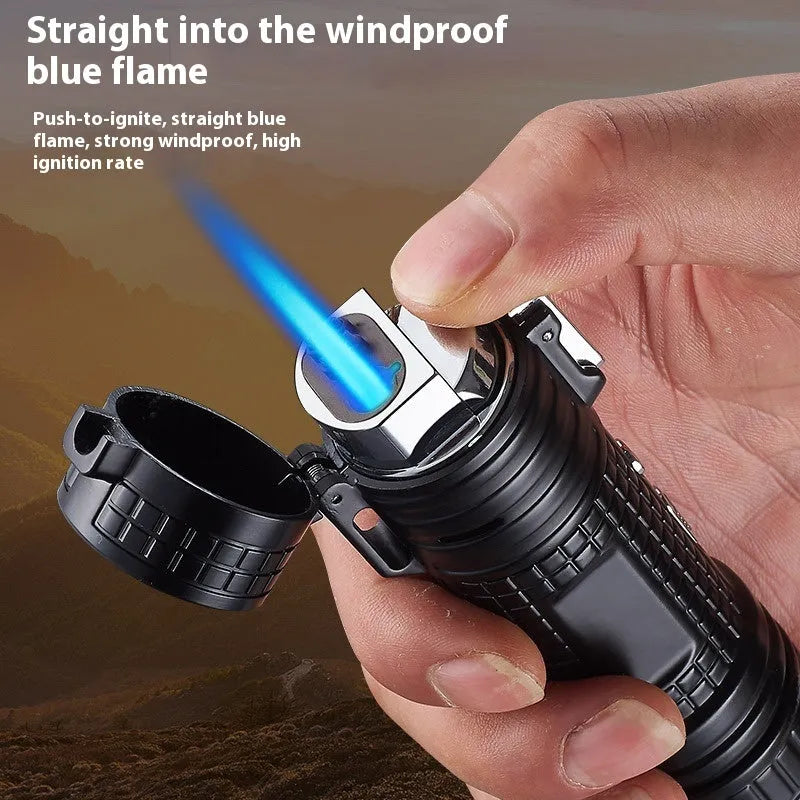 TH727 Multifunction metal flashlight lighter in camouflage, red, black, blue, and yellow colours.