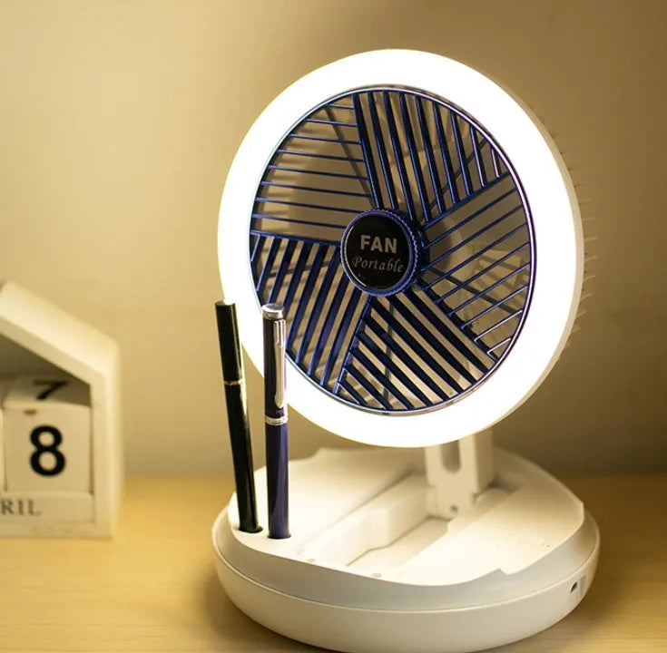 USB charging foldable table fan with LED light, 4 speed settings, in blue or grey, with pen holder