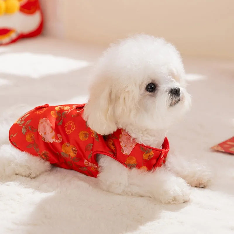 Red cheongsam pet vest with decorative knot buttons, floral and fruit patterns, for Lunar New Year