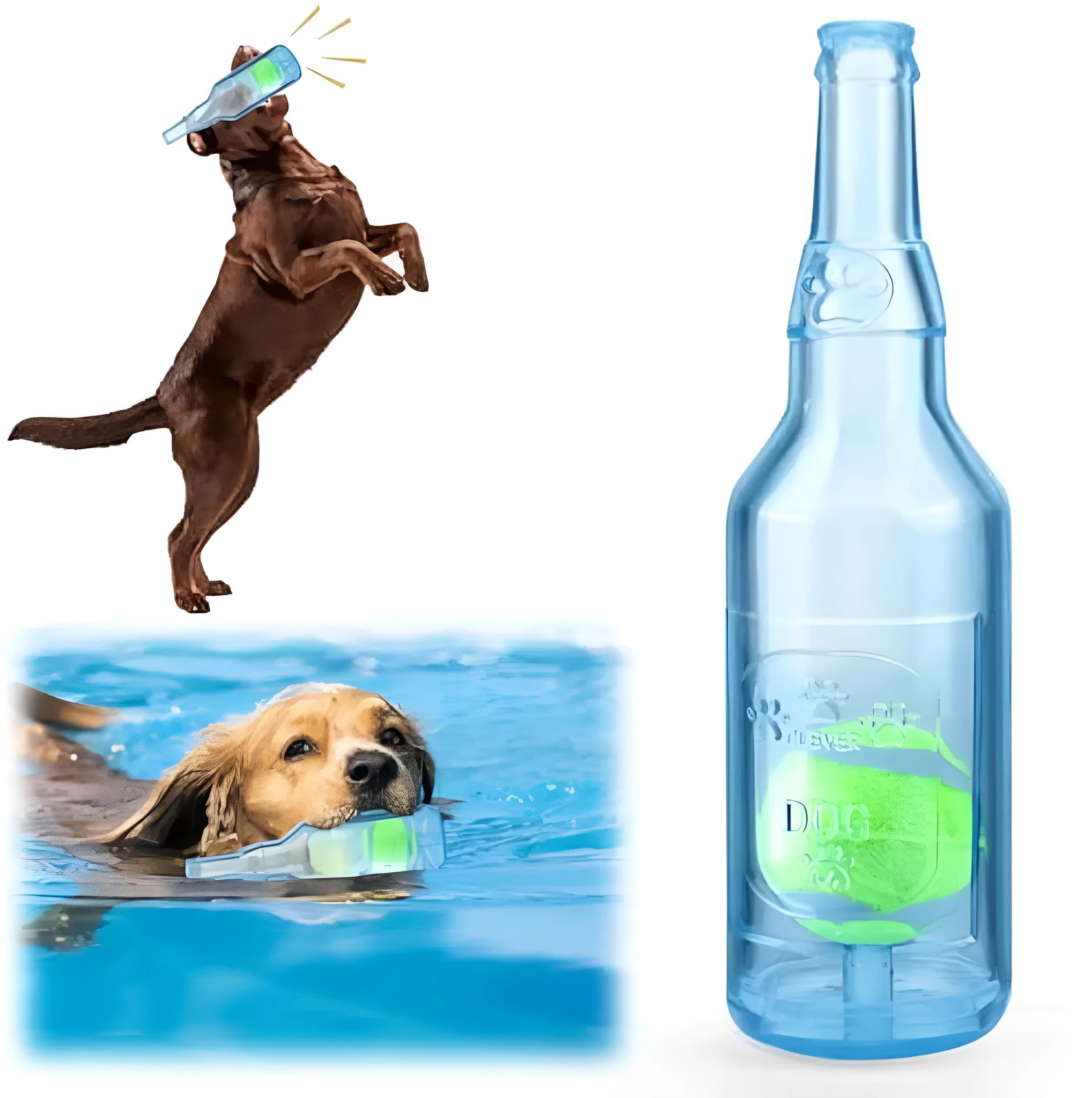 Blue water bottle dog toy with squeaker at tail and internal moving ball for aggressive chewers on white background