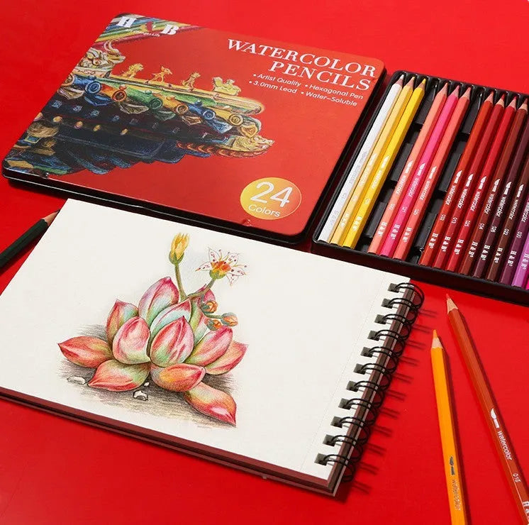 Metal tin box open to show 24 wooden water-soluble coloured pencils in assorted colours.