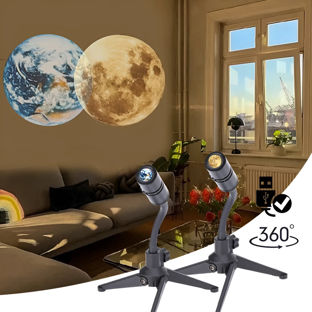 A 2 in 1 earth and moon projection lamp with a flexible hose bracket on a table