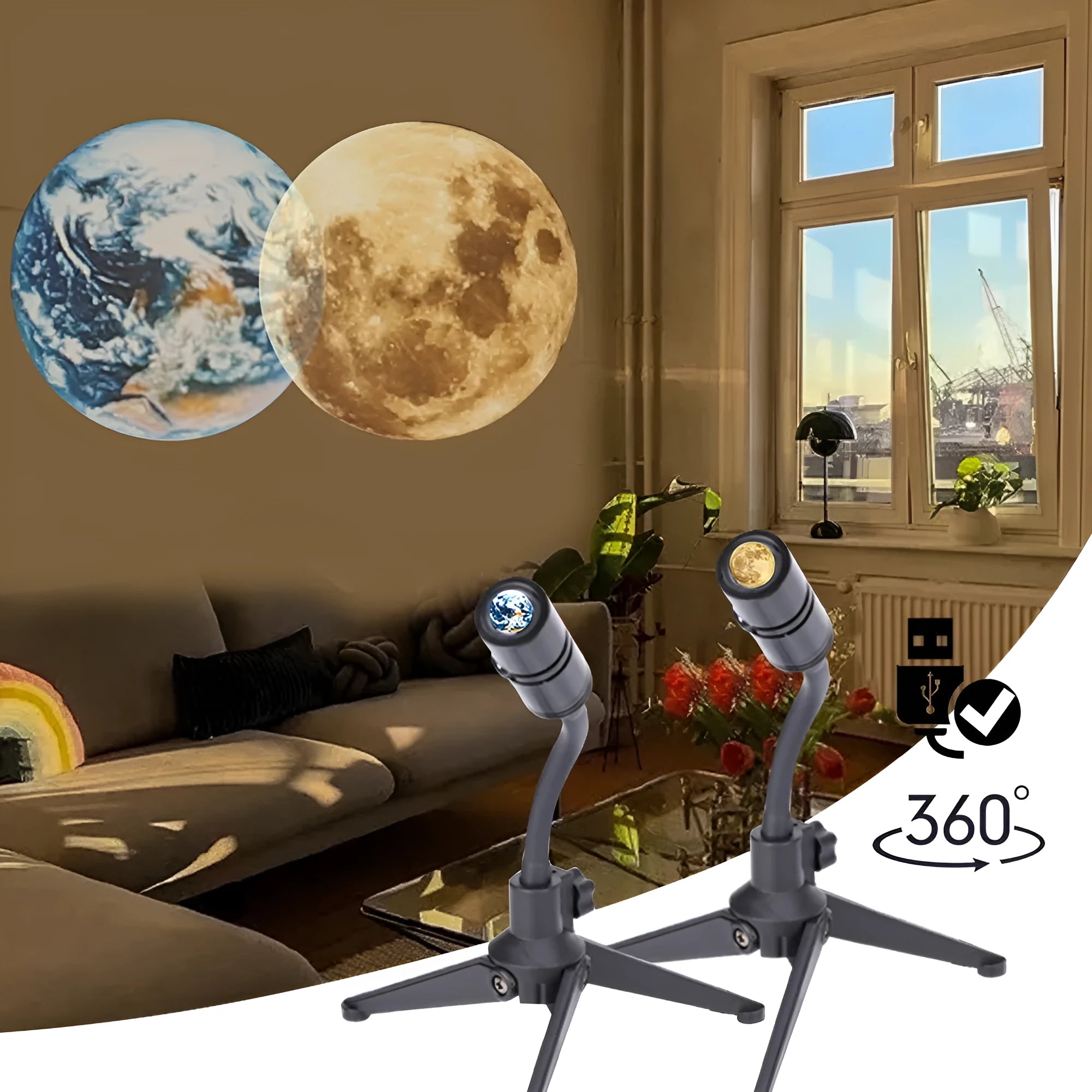 A 2 in 1 earth and moon projection lamp with a flexible hose bracket on a table