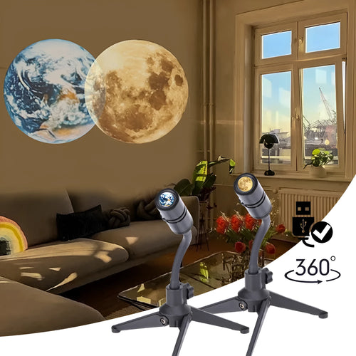 A 2 in 1 earth and moon projection lamp with a flexible hose bracket on a table