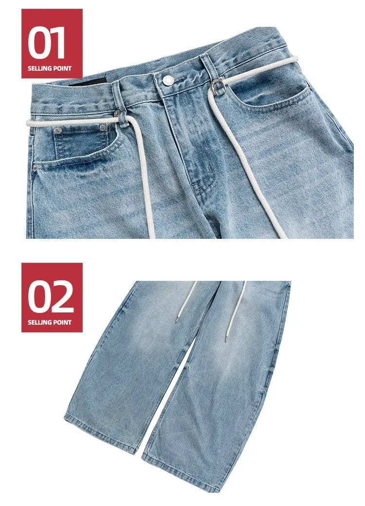 Blue retro washed straight-leg denim trousers with drawstring belt and zipper fly on a model