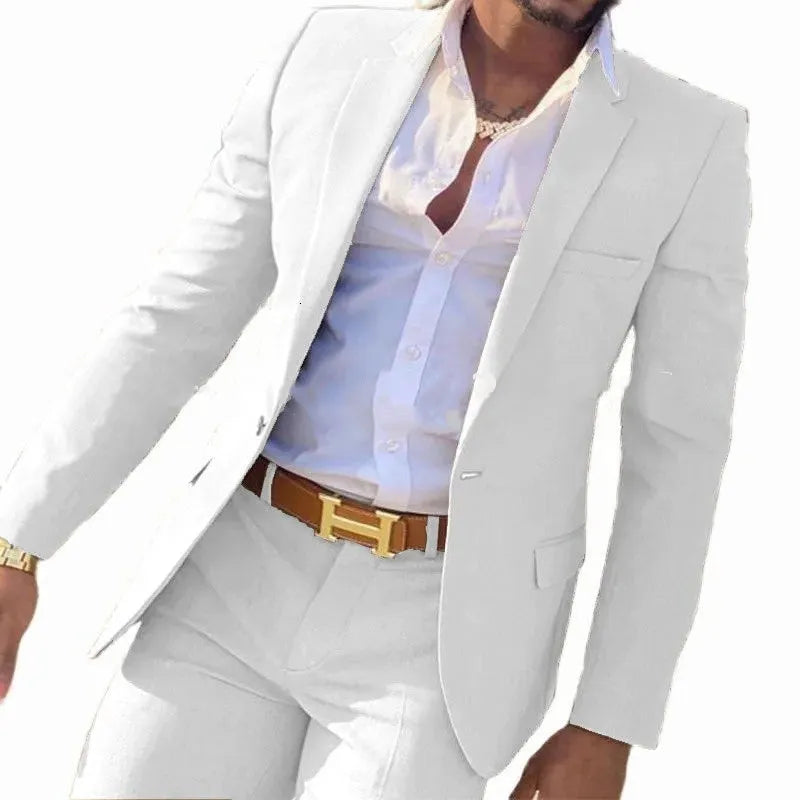 Men's cotton banquet suit in multiple colours, showing jacket and trousers, available in sizes XXS to 7XL.