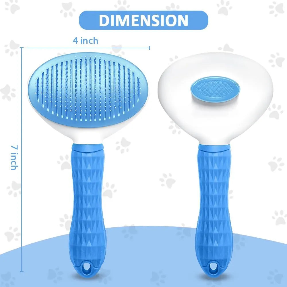 Cat grooming brush with a release button, shown in blue, grey, and pink colour options.