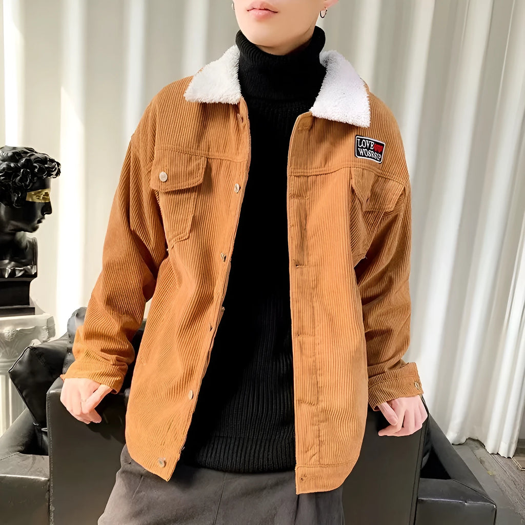 Men's loose fit corduroy workwear jacket in solid khaki green or black with stick pockets