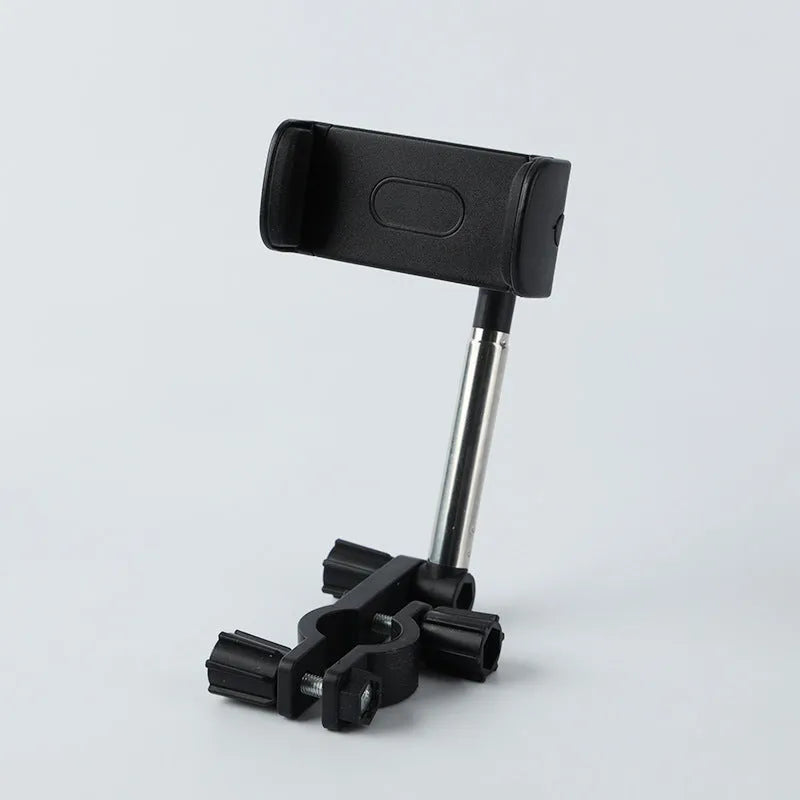 ABS and metal car rearview mirror phone holder with 360 rotation and snap buckle, holding a smartphone in place