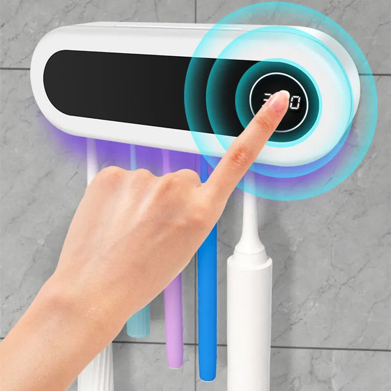 Ivory white wall mounted UV toothbrush sterilizer holder with digital display and 5 toothbrush slots