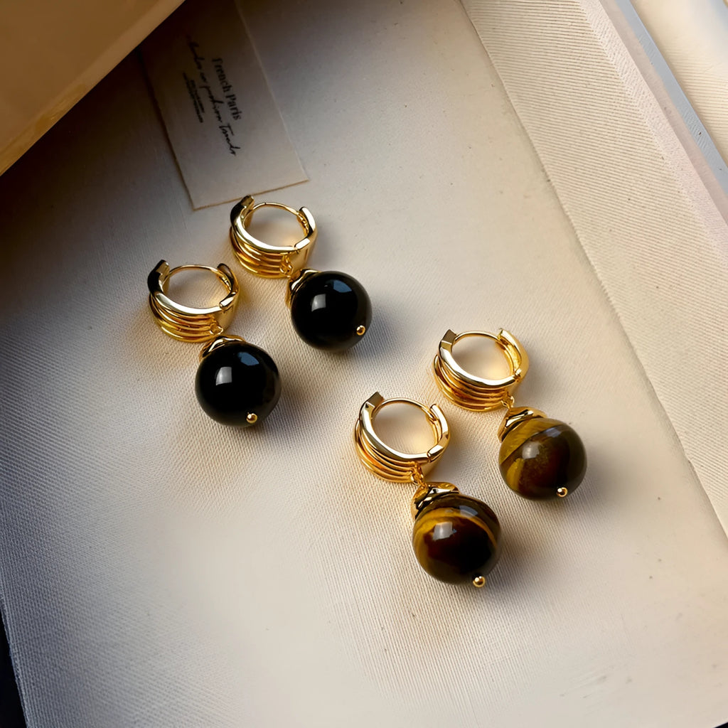 Geometric circular tigereye earrings with gold plating in French retro style