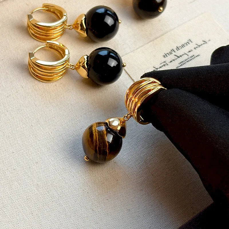 Geometric circular tigereye earrings with gold plating in French retro style