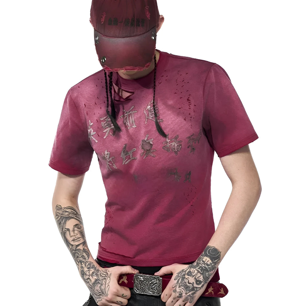 Red men's slim-fit cotton t-shirt with distressed washing finish and short sleeves