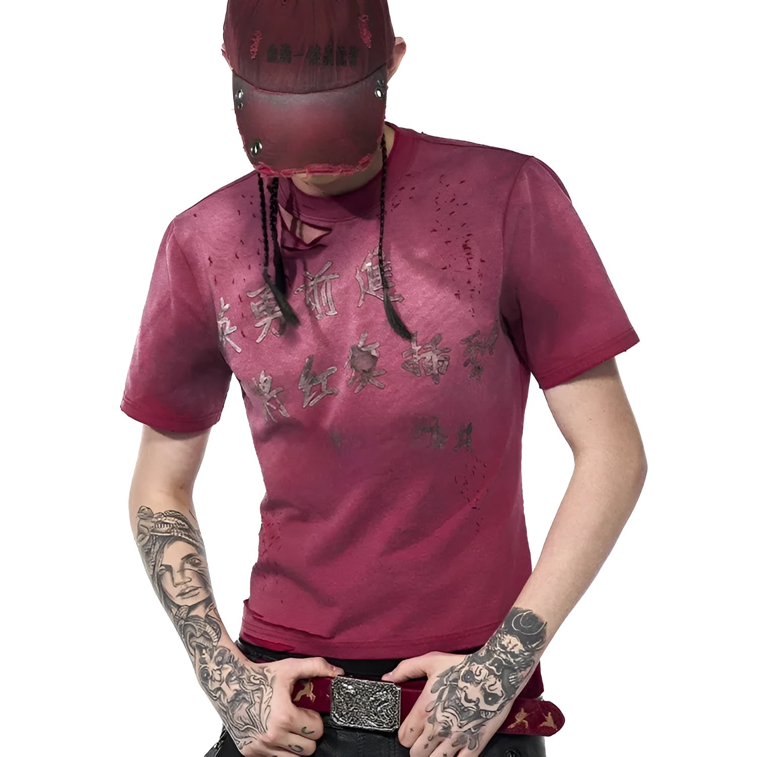 Red men's slim-fit cotton t-shirt with distressed washing finish and short sleeves