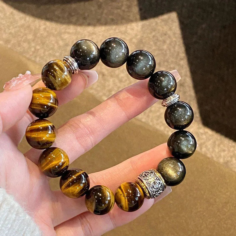 Women's tigereye silver stone double bracelet with gold inlay and U-shaped totem design