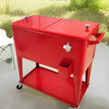 Red outdoor metal insulated trolley cart with handle, shown as a picnic cooler and ice bucket.