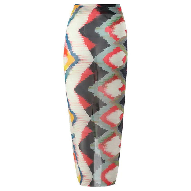 Women's printed two-piece swimsuit with matching hip skirt in striped gradient pattern.